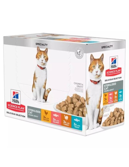 Hills SP Feline Sterilised Pollo, Salmón, Pavo, Trucha 12x85 gr